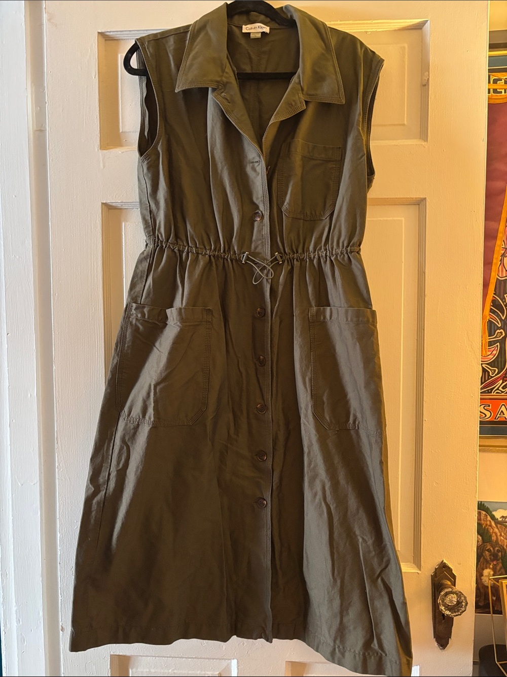 Calvin Klein Sleeveless Olive Green Button-Front Drawstring Shirt Dress